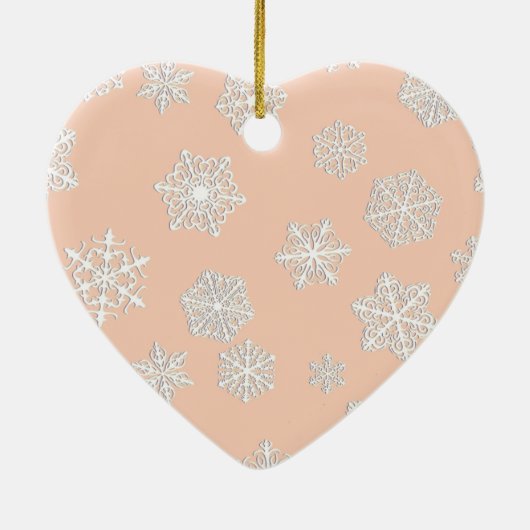 Weiße 3-D-Schneeflocken auf pfirsichfarbenem Hinte Keramikornament (Hinten)