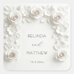 Weiße 3D-Blumenrosen Hochzeit Quadratischer Aufkleber