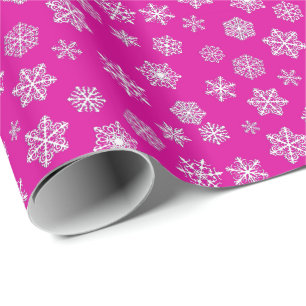 Weiße 3D-Schneeflocken auf fuchsia rosa Hintergrun Geschenkpapier