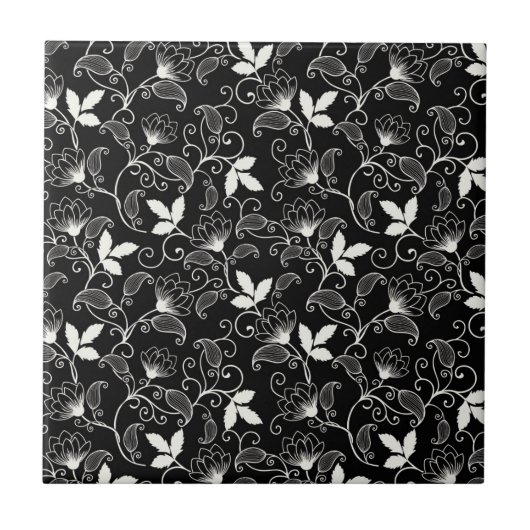 Weiße Abstrakte Blüte im schwarzen Hintergrund Fliese (Vorderseite)