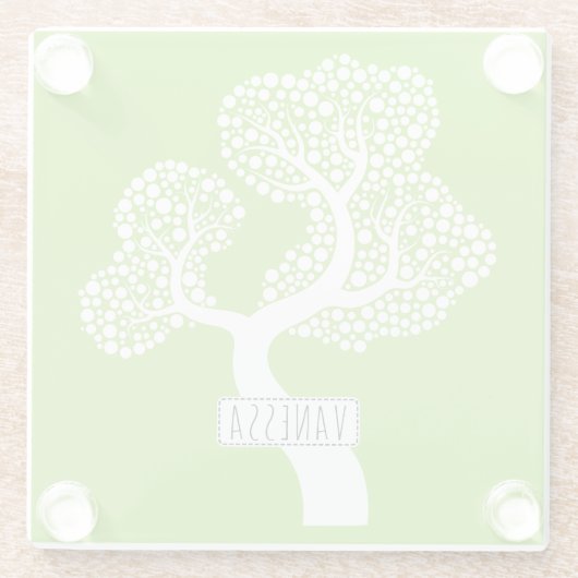 Weiße abstrakte Kreisbaum und Name, Limettengrün Glasuntersetzer (Rückseite)