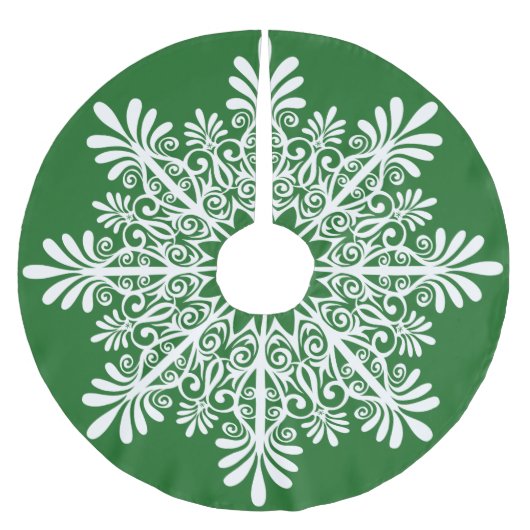 Weiße Abstrakte Schneeflocke über grünem Hintergru Polyester Weihnachtsbaumdecke (Vorderseite)