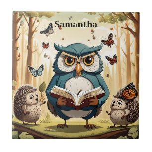 Weiße alte Eule, Schmetterlinge, Igel Editierbarer Fliese