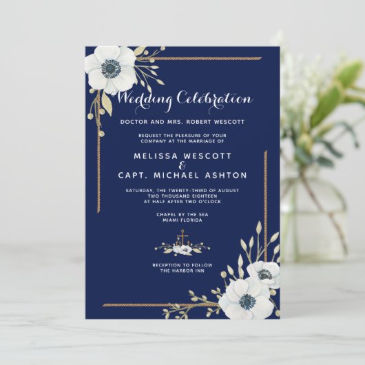 Weiße Anemone-Hochzeit der Nautischen Marine Einladung (Stehend Vorderseite)