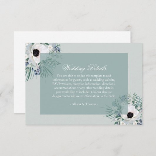 Weiße Anemone Salbeigrün Hochzeitskarte Begleitkarte (Vorne/Hinten)