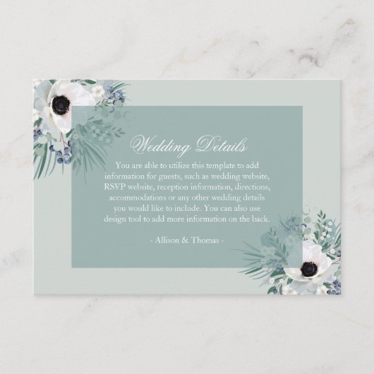Weiße Anemone Salbeigrün Hochzeitskarte Begleitkarte (Vorderseite)