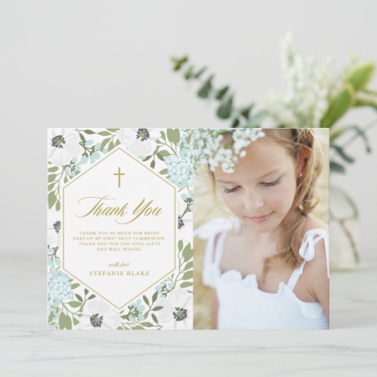 Weiße Anemonen Bläserblüte Erste Kommunion Foto Dankeskarte (Stehend Vorderseite)