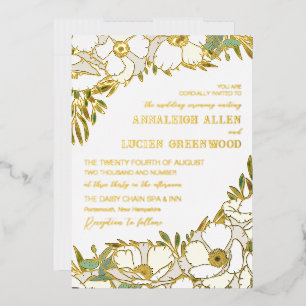 Weiße Anemonen Goldfolie Line Art Hochzeit Folieneinladung