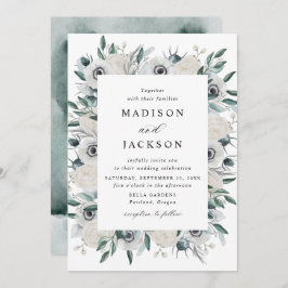 Weiße Anemonen und Rose Blumenhochzeit Einladung