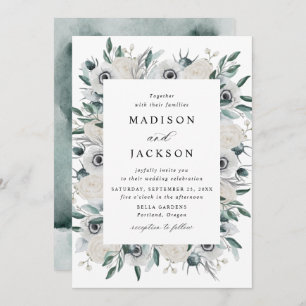 Weiße Anemonen und Rose Blumenhochzeit Einladung