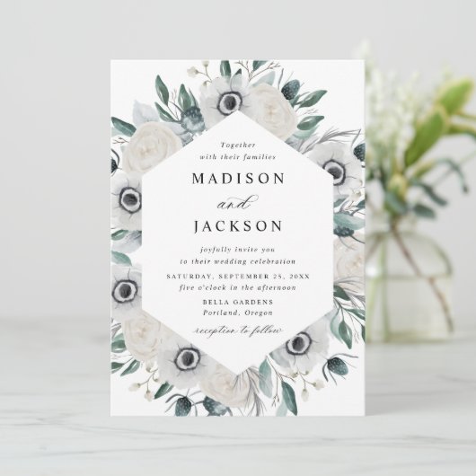 Weiße Anemonen und Rose Blumenhochzeit Einladung (Stehend Vorderseite)