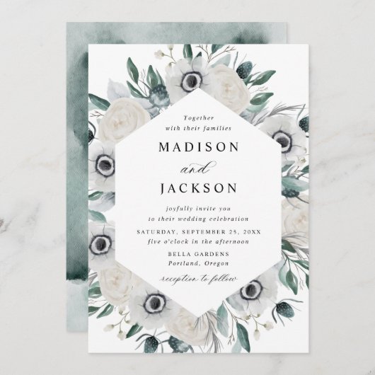 Weiße Anemonen und Rose Blumenhochzeit Einladung (Vorne/Hinten)
