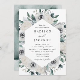 Weiße Anemonen und Rose Blumenhochzeit Einladung