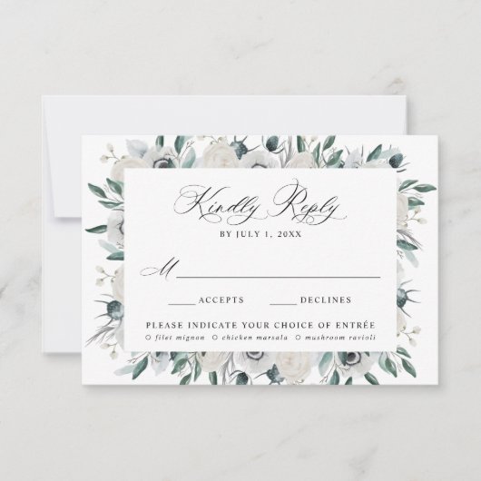 Weiße Anemonen und Rose Wahlmenü Hochzeit RSVP (Vorderseite)