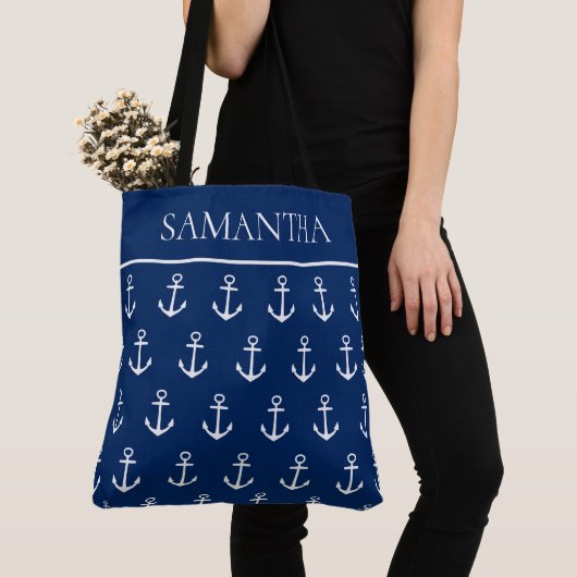 Weiße Anker auf Navy Blue Personalisiert Tasche (Von Nahem)
