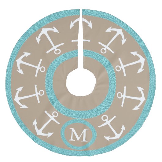 Weiße Anker und aquamarines Seil-Seemonogramm Polyester Weihnachtsbaumdecke (Vorderseite)
