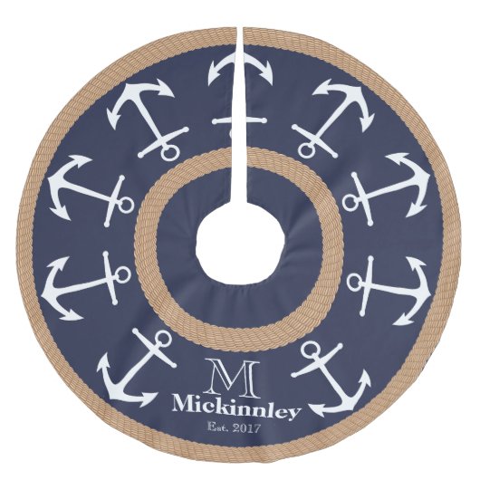 Weiße Anker und Name der braunen Seidenfamilie Polyester Weihnachtsbaumdecke (Vorderseite)