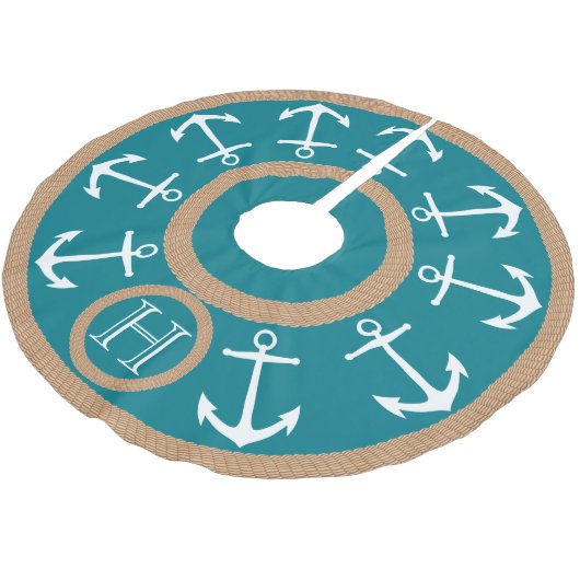Weiße Anker und Seil-aquamarines Seemonogramm Polyester Weihnachtsbaumdecke (Schrägansicht)