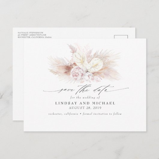 Weiße Anthurien und Pampas Gras Save the Date Postkarte (Vorne/Hinten)