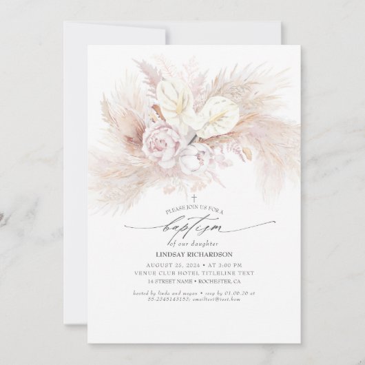 Weiße Anthurium und Pampas-Grasblütentaufen Einladung (Vorderseite)