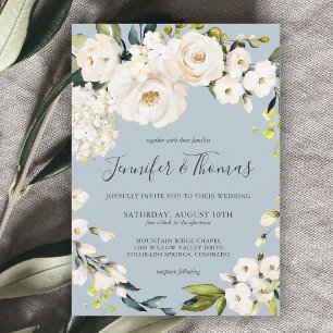 Weiße Aquarell-Blumen auf staubblauer Hochzeit Einladung