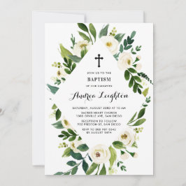 Weiße Aquarellblumen-Blätter rahmen Taufe Einladung