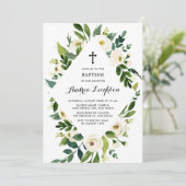 Weiße Aquarellblumen-Blätter rahmen Taufe Einladung (Stehend Vorderseite)