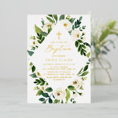 Weiße Aquarellblumen-Blätter rahmen Taufe Folieneinladung (Stehend vorne)