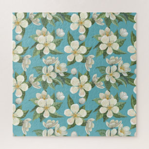 Weiße Aquarellblumen Grüne Blätter Puzzle