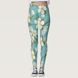 Weiße Aquarellfarben Blume Grüne Blätter Leggings