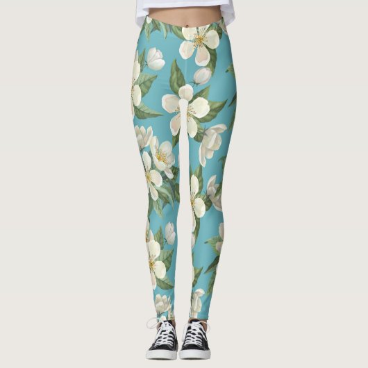 Weiße Aquarellfarben Blume Grüne Blätter Leggings (Vorderseite)