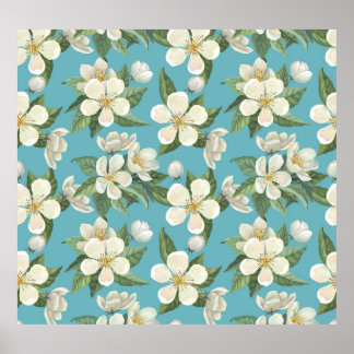 Weiße Aquarellfarben Blume Grüne Blätter Poster