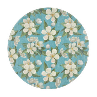 Weiße Aquarellfarben Blume Grüne Blätter Schneidebrett