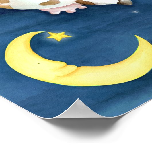 Weiße Aquarellkuh, die über den Mond springt Poster (Ecke)