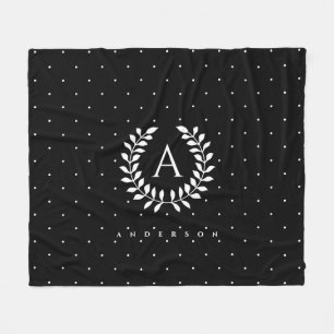 Weiße auf schwarzem Lorbeer-Monogramm-Polka-Punkt- Fleecedecke