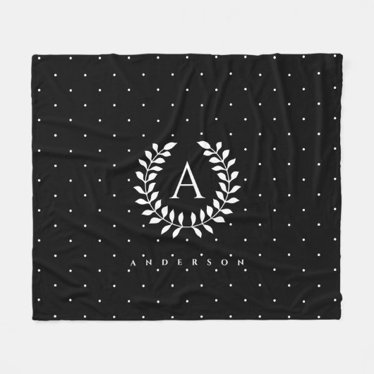 Weiße auf schwarzem Lorbeer-Monogramm-Polka-Punkt- Fleecedecke (Vorderseite (Horizontal))