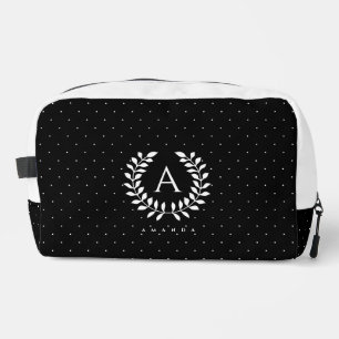 Weiße auf schwarzem Lorbeer-Monogramm-Polka-Punkt- Waschbeutel