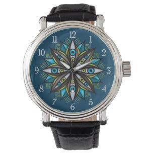 Weiße Augen Mandala Art - Trippy Blume Blue Green Armbanduhr