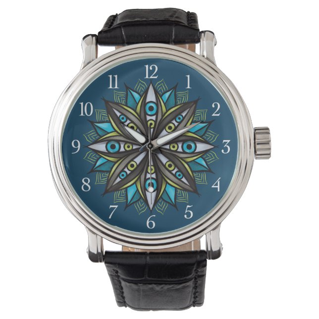 Weiße Augen Mandala Art - Trippy Blume Blue Green Armbanduhr (Vorderseite)