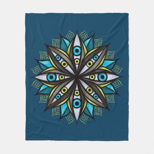 Weiße Augen Mandala Art - Trippy Blume Blue Green Fleecedecke (Vorderseite)