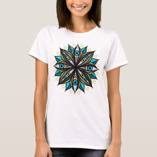 Weiße Augen Mandala Art - Trippy Blume Blue Green T-Shirt (Vorderseite)