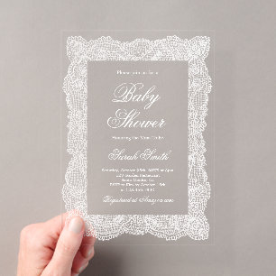 Weiße Babyparty mit Spitze Acryleinladungen