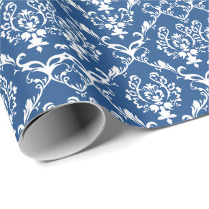 Weiße barocke Damaskus Custom Blue Background Geschenkpapier