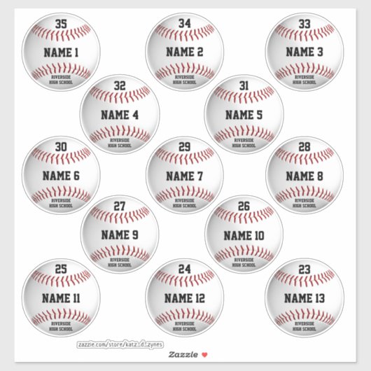 weiße Baseballs Set 13 personalisierte Spielername Aufkleber (Blatt)