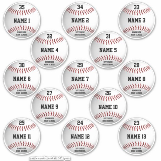 weiße Baseballs Set 13 personalisierte Spielername Aufkleber (Vorderseite)