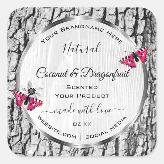 Weiße Baumrinde mit rosa Schmetterlingsmarken Quadratischer Aufkleber (Vorderseite)