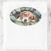 Weiße Beagle Rainy Day Green Blätter Ovaler Aufkleber (Tasche)