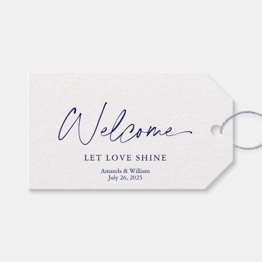 Weiße Begrüßungstafel mit Dusty Blue Florals Geschenkanhänger (Vorderseite (Horizontal))