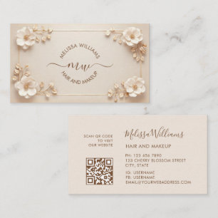 Weiße Beige 3D Blumen Initialen Visitenkarte