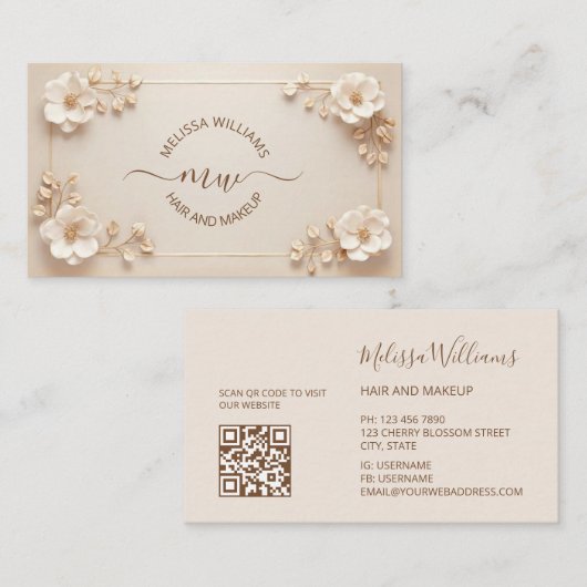 Weiße Beige 3D Blumen Initialen Visitenkarte (Vorne/Hinten)